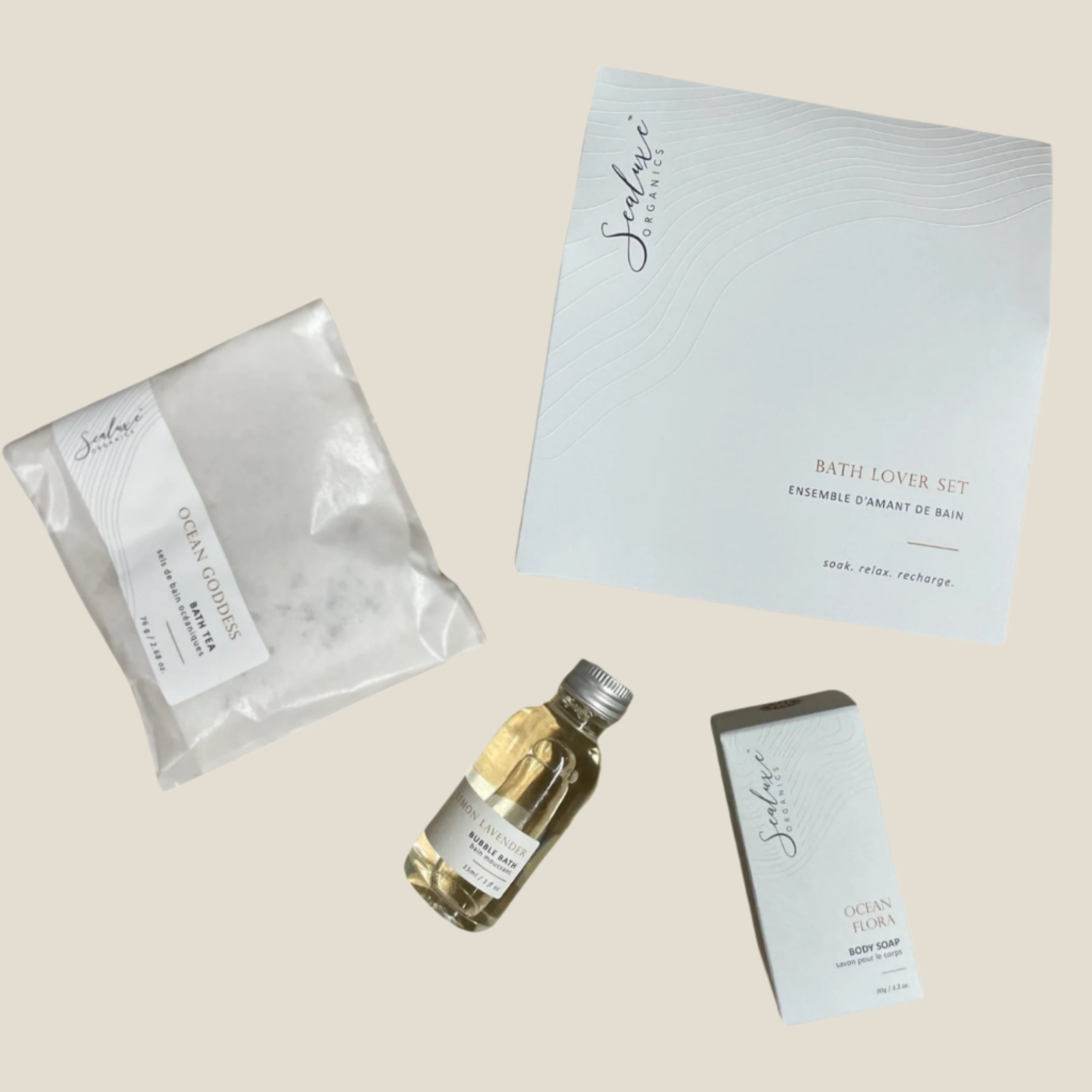 A gift set including a bubble bath product, bath tea, and a soap bar, all packaged in a white box with the brand name visible.