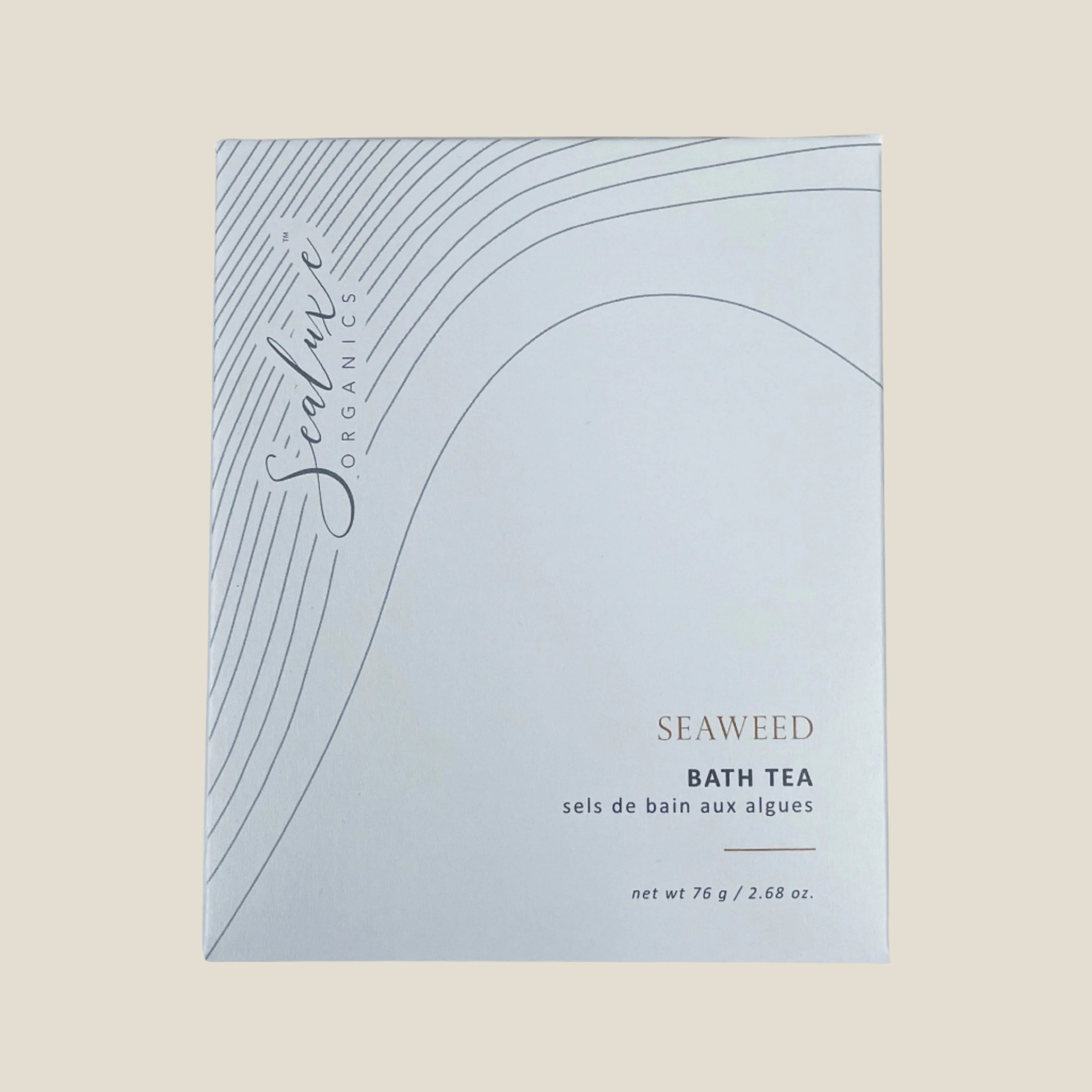 A packaged product labeled 'Seaweed Bath Tea' by Jétaitil, showing a clear window with seaweed bath salts visible inside the package.