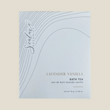 A packaged Lavender Vanilla Bath Tea product from Sanae, visible through the clear window of the packaging.