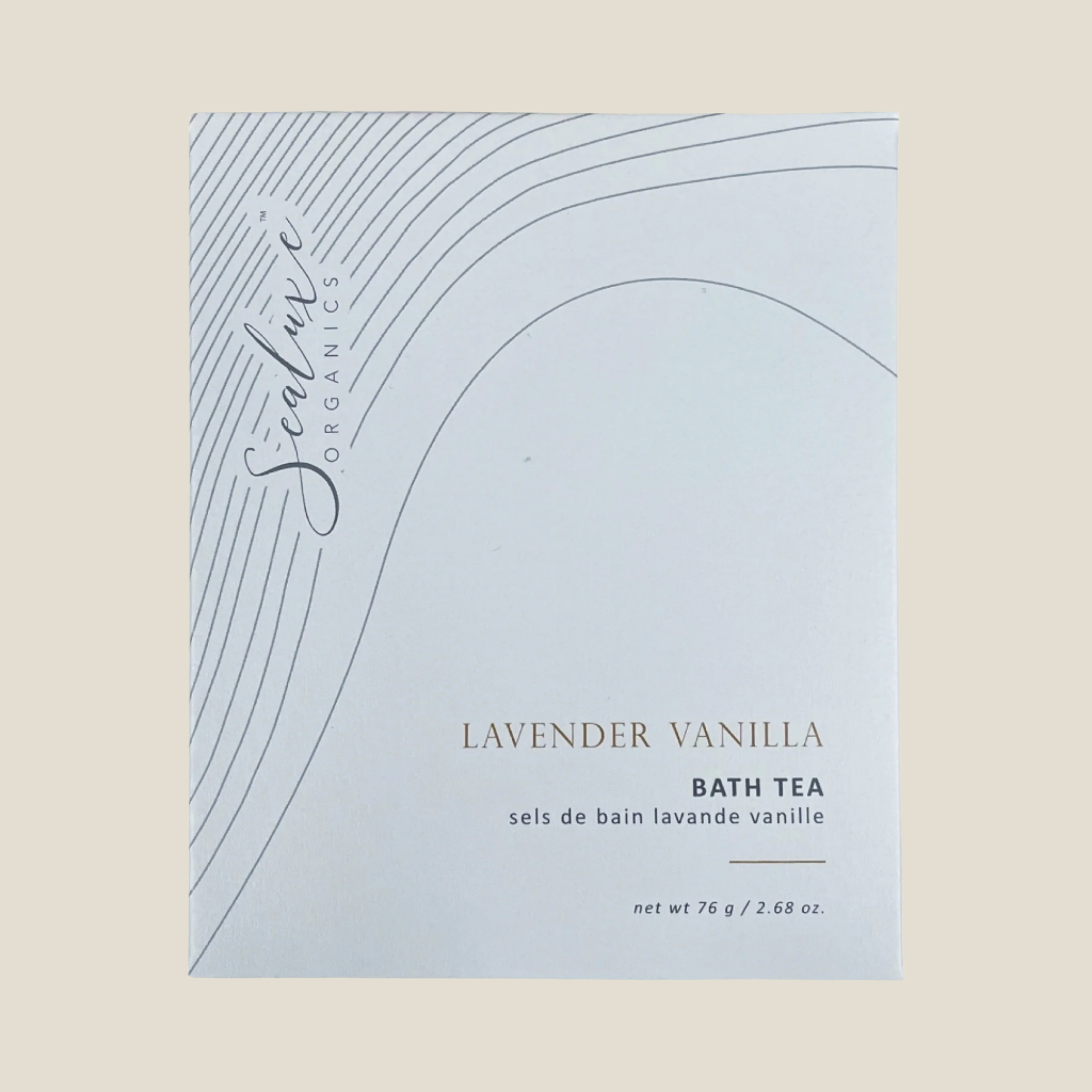 A packaged Lavender Vanilla Bath Tea product from Sanae, visible through the clear window of the packaging.
