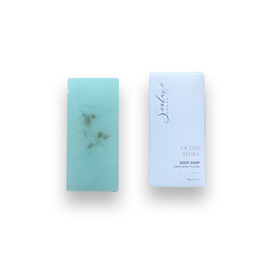 An ocean lovers soaping dream. A glycerin soap base with seaweed and sea salt on the surface for a mild exfoliant.