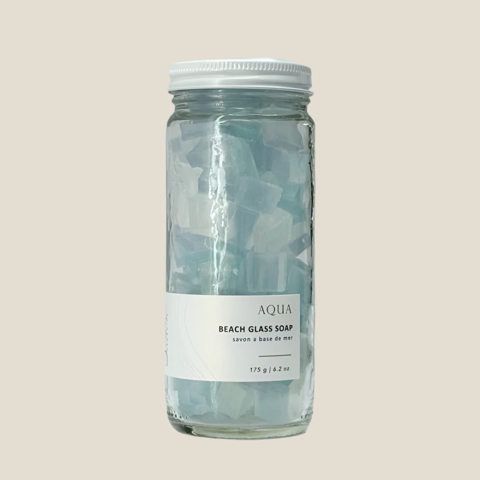 Jar of Aqua Beach Glass Soap on a white background