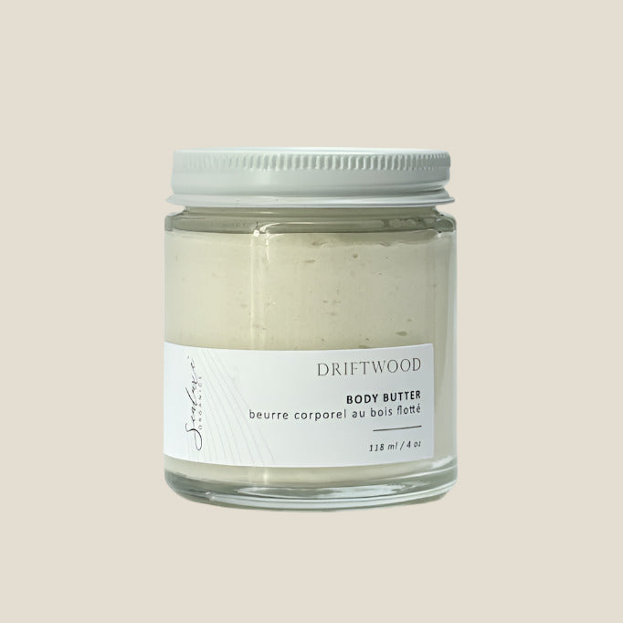 Jar of Driftwood body butter on a white background