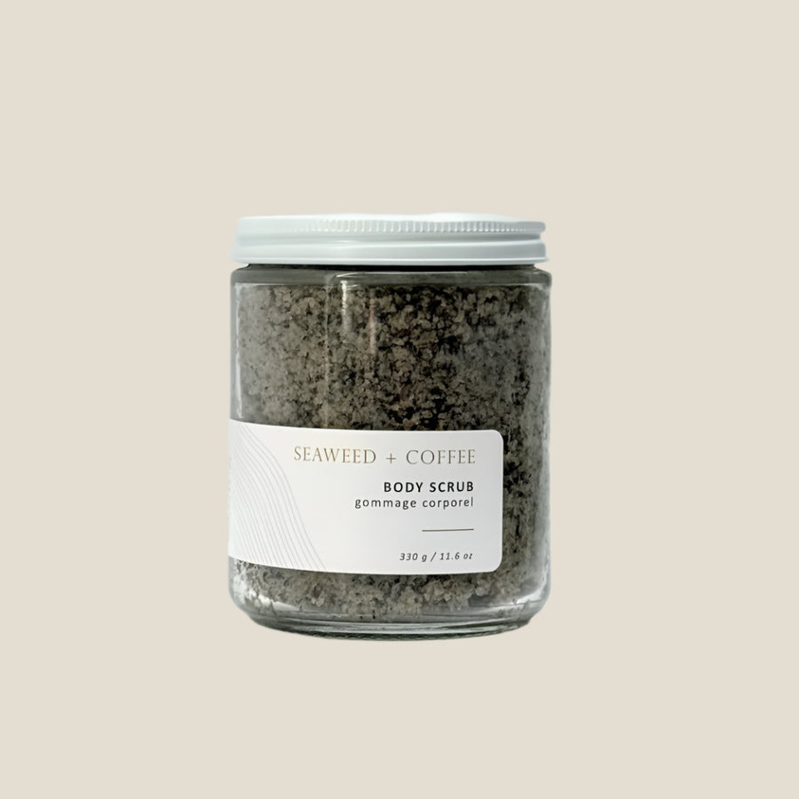 Jar of Seaweed + Coffee body scrub on a white background