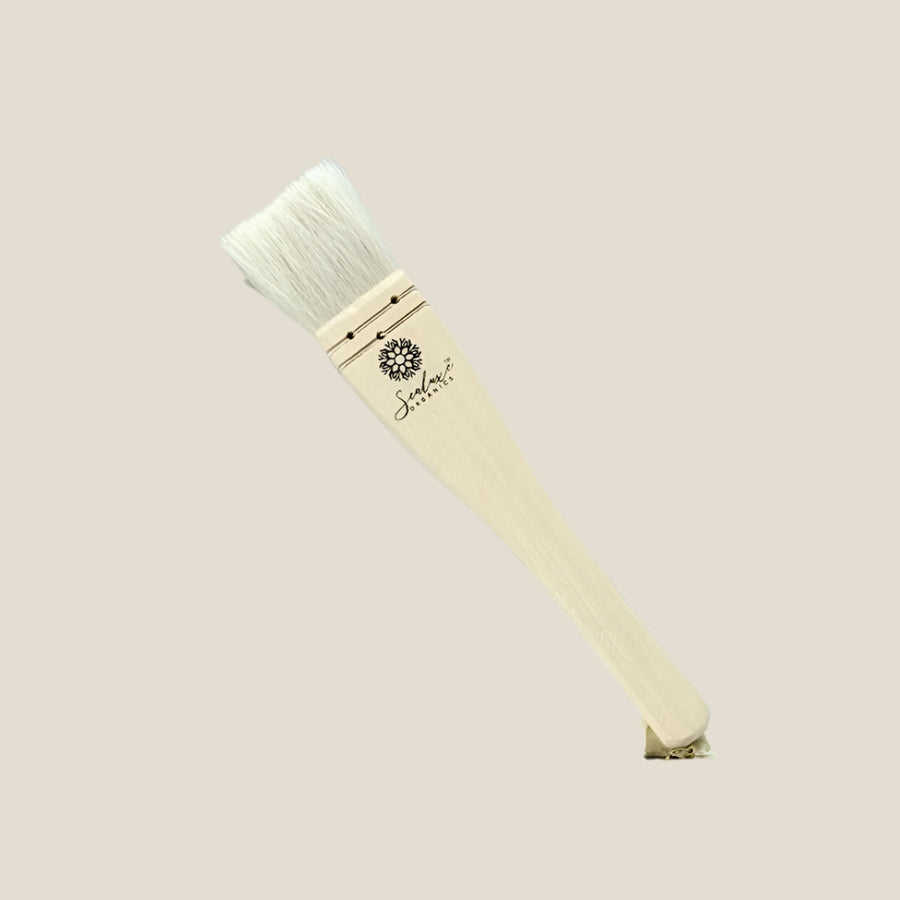 Paintbrush with wooden handle and white bristles on a light gray background