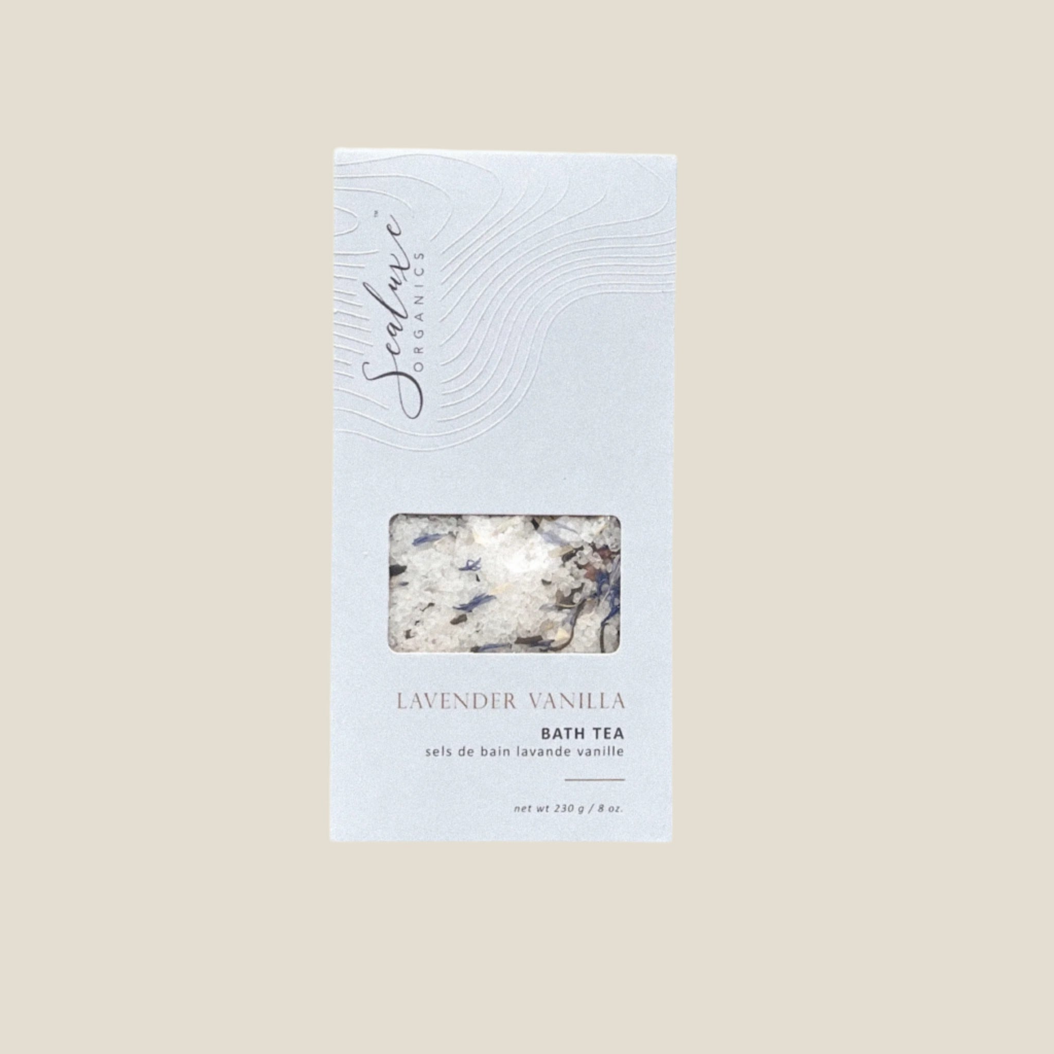 A packaged Lavender Vanilla Bath Tea product from Sanae, visible through the clear window of the packaging.
