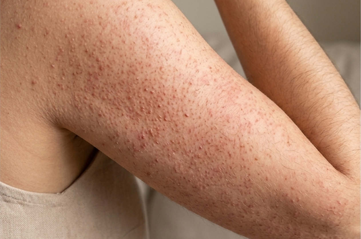 Close-up of keratosis pilaris rough bumpy texture on upper arm — skin concern targeted by Sealuxe exfoliating body scrub