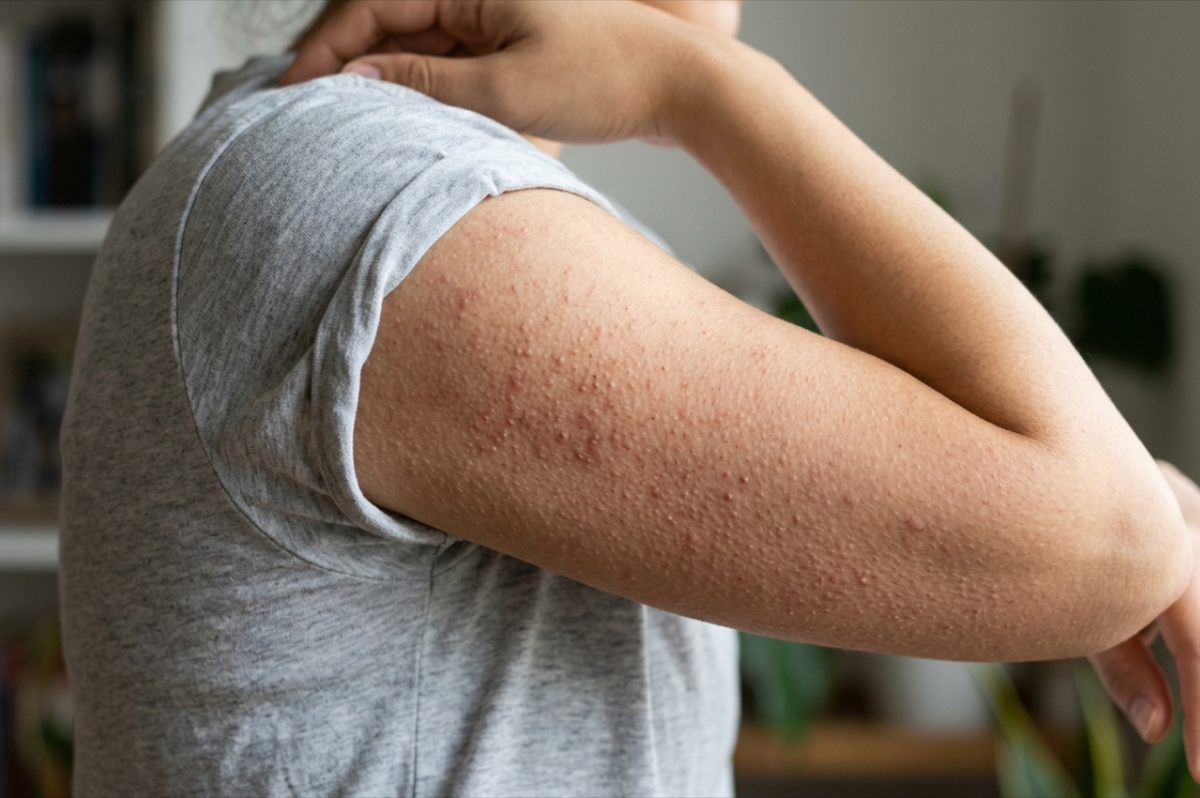 Close-up of keratosis pilaris rough bumpy texture on upper arm — before using Sealuxe exfoliating body scrub