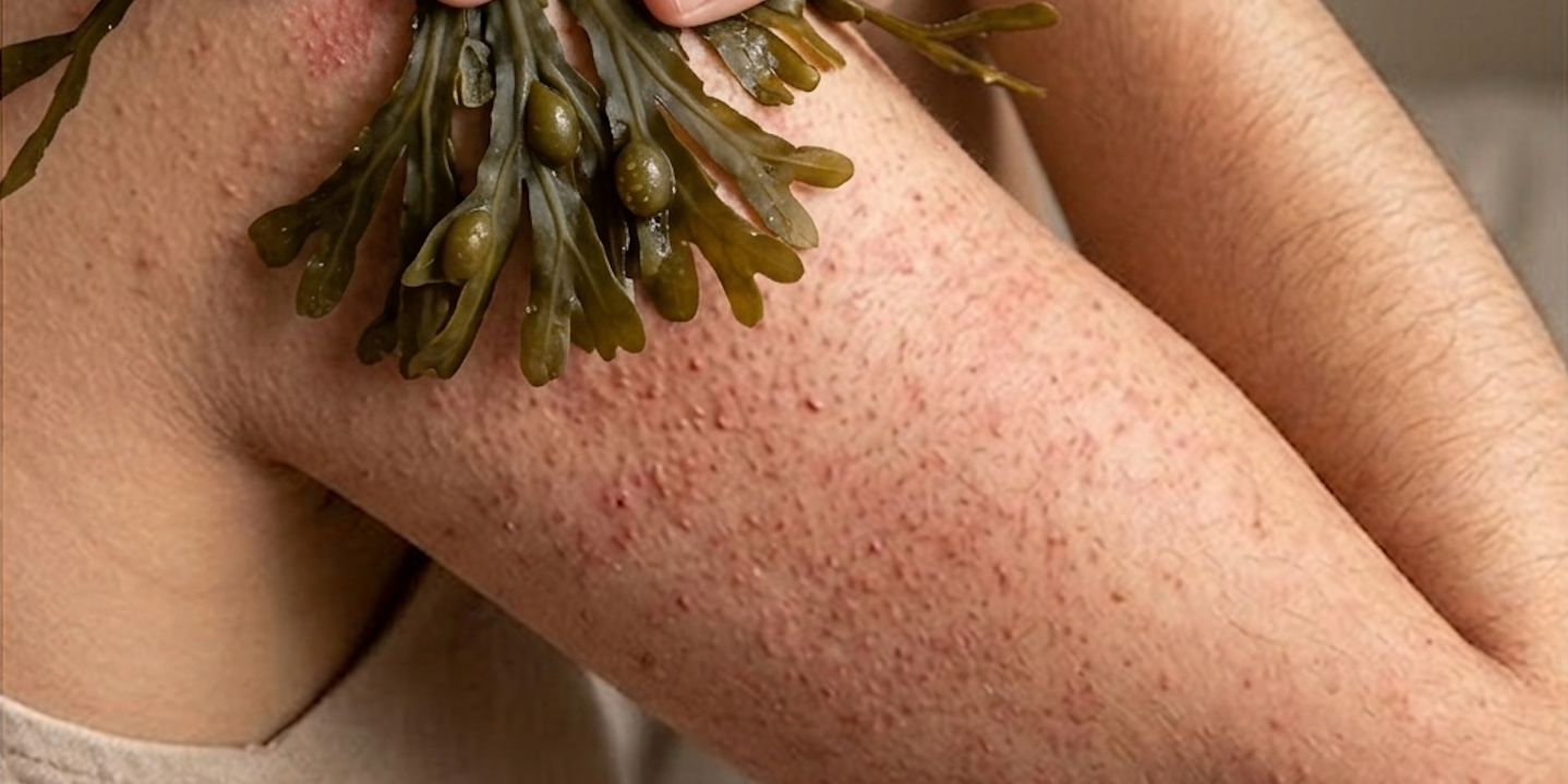Split image showing keratosis pilaris bumps on arm beside fresh harvested seaweed — Sealuxe natural seaweed body scrub for KP