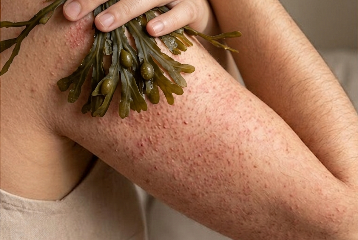 Split image showing keratosis pilaris bumps on arm beside fresh harvested seaweed — Sealuxe natural seaweed body scrub for KP
