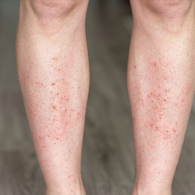 Close-up of razor burn and skin irritation on legs after shaving — skin concern addressed by Sealuxe natural shaving soap