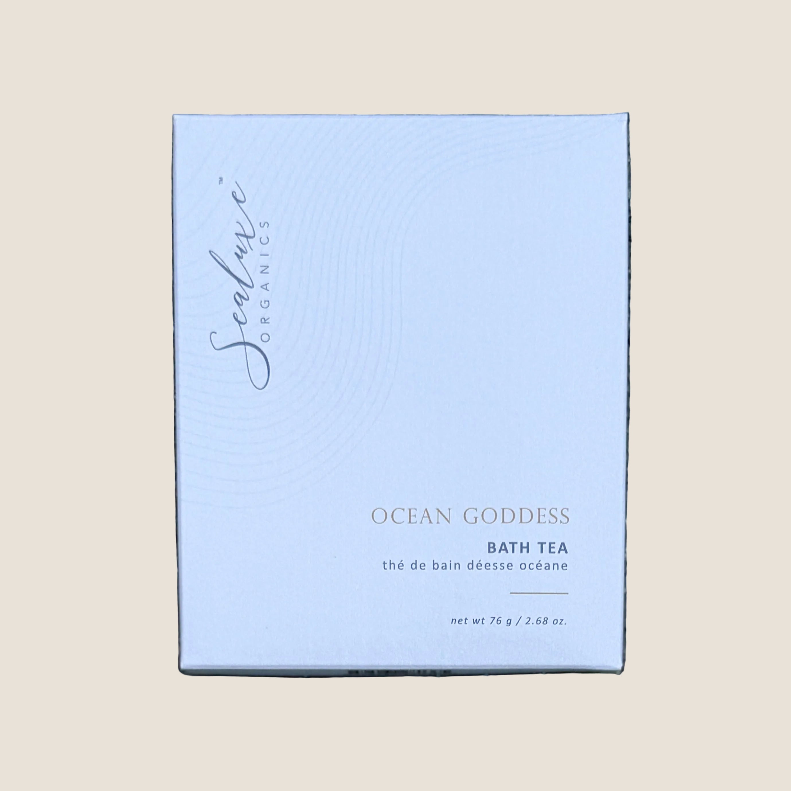 A square white box of Sealuxe Organics Ocean Goddess Bath Tea. The box features elegant black cursive branding and gold and black text indicating it is a 76 g / 2.